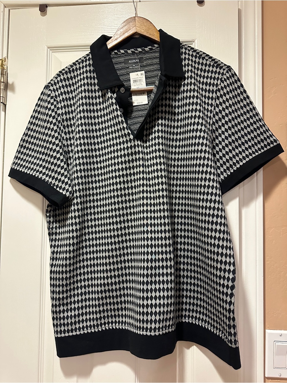 NWT Alfani Black & Grey Diamond-Pattern Polo